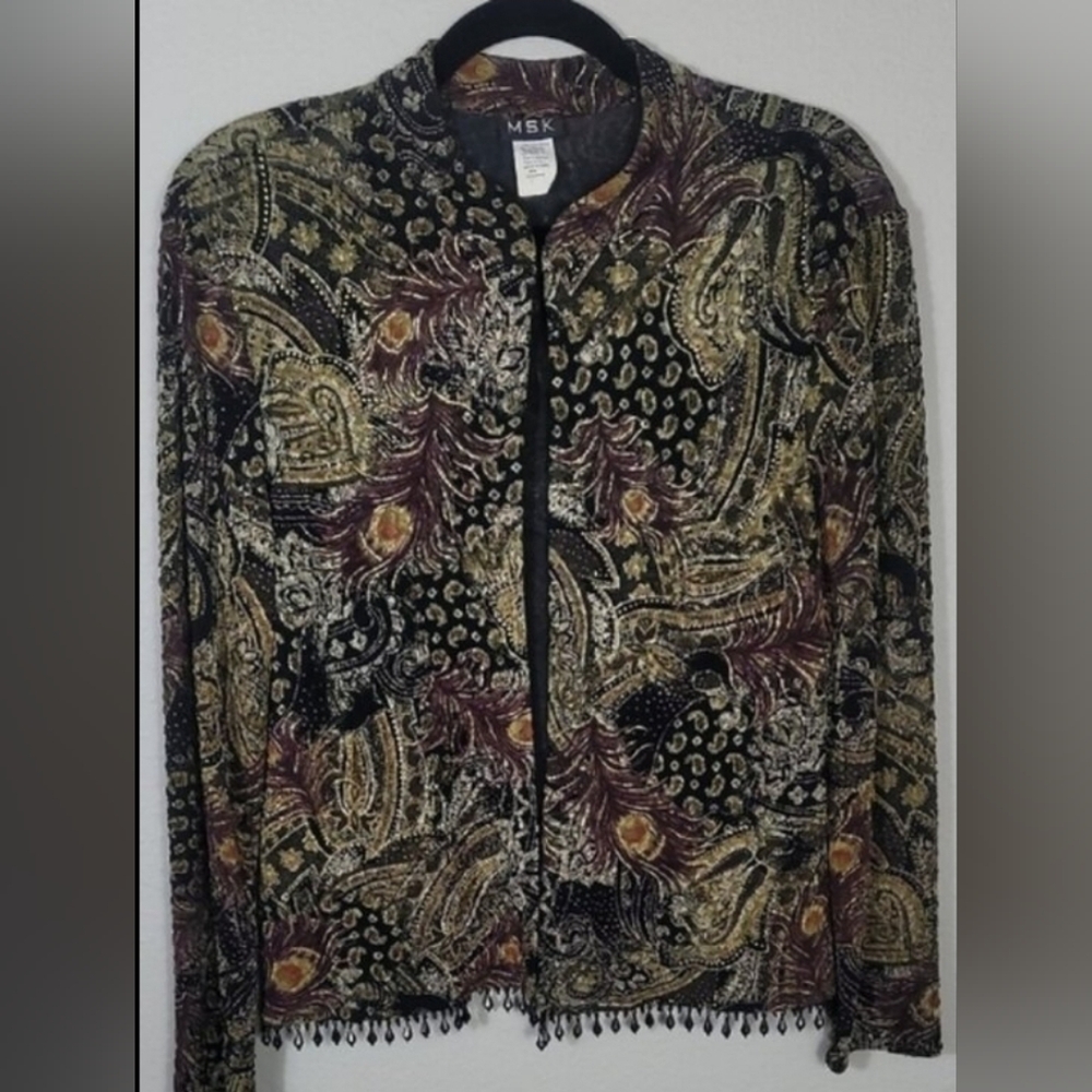 Vintage MSK Dark Floral Cardigan Bolero Size L Beaded Acetate Artsy Goth Y2K